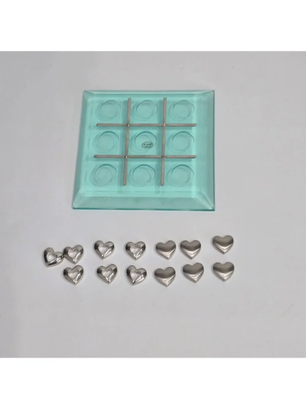 Tic Tac Toe Set Glass Board Mini Game 13 Heart Shaped Metal Pieces EliteCrafters